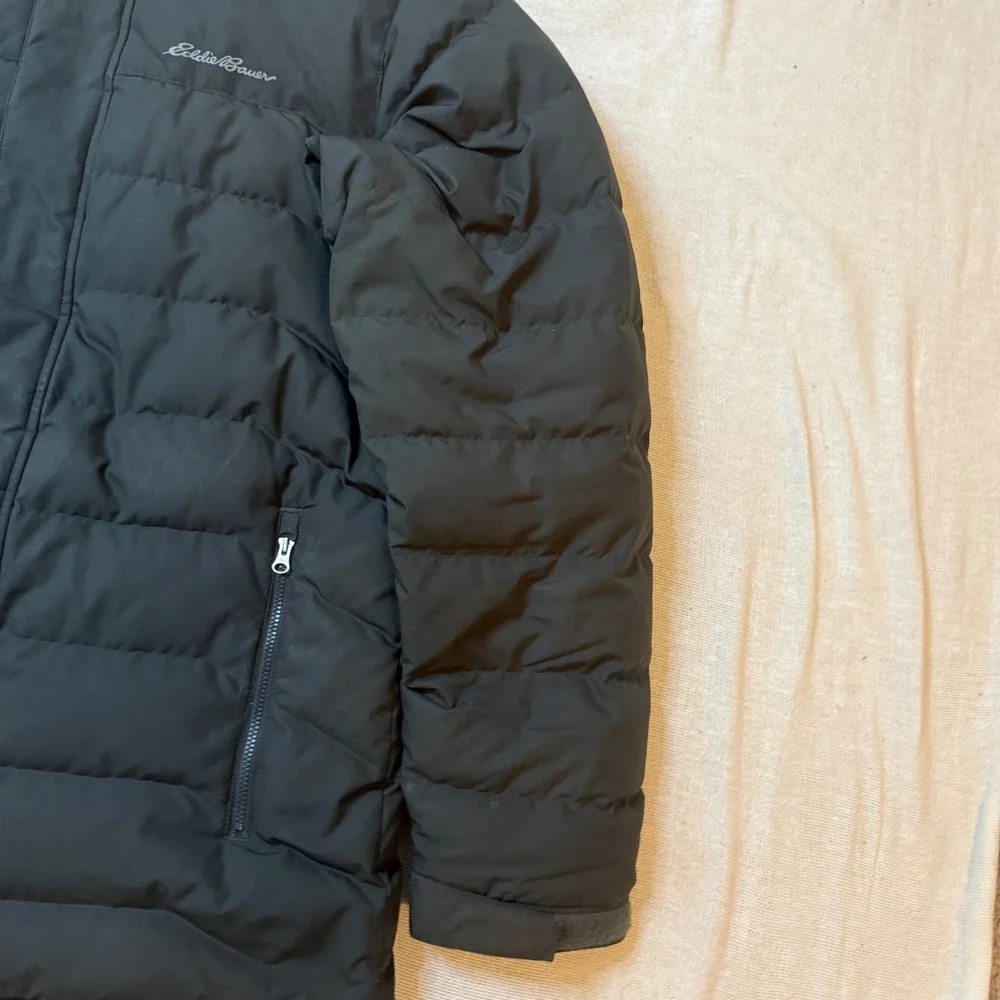 Eddie Bauer Puffer Parka Men XL Black Hooded Down Insulated Winter Jacket heavy